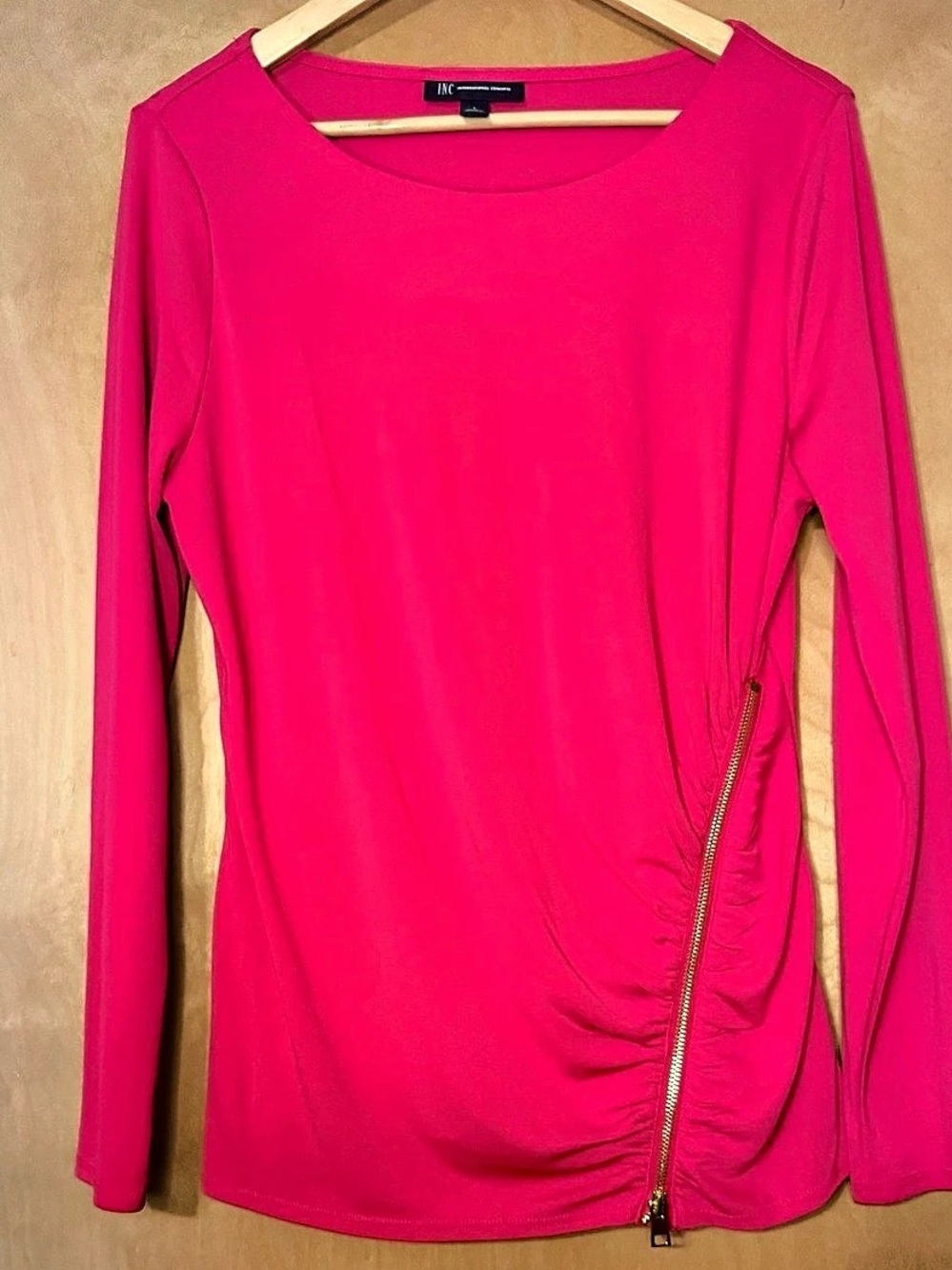 INC International Concepts Long Sleeve Ruched Zip Top in Pink Like New